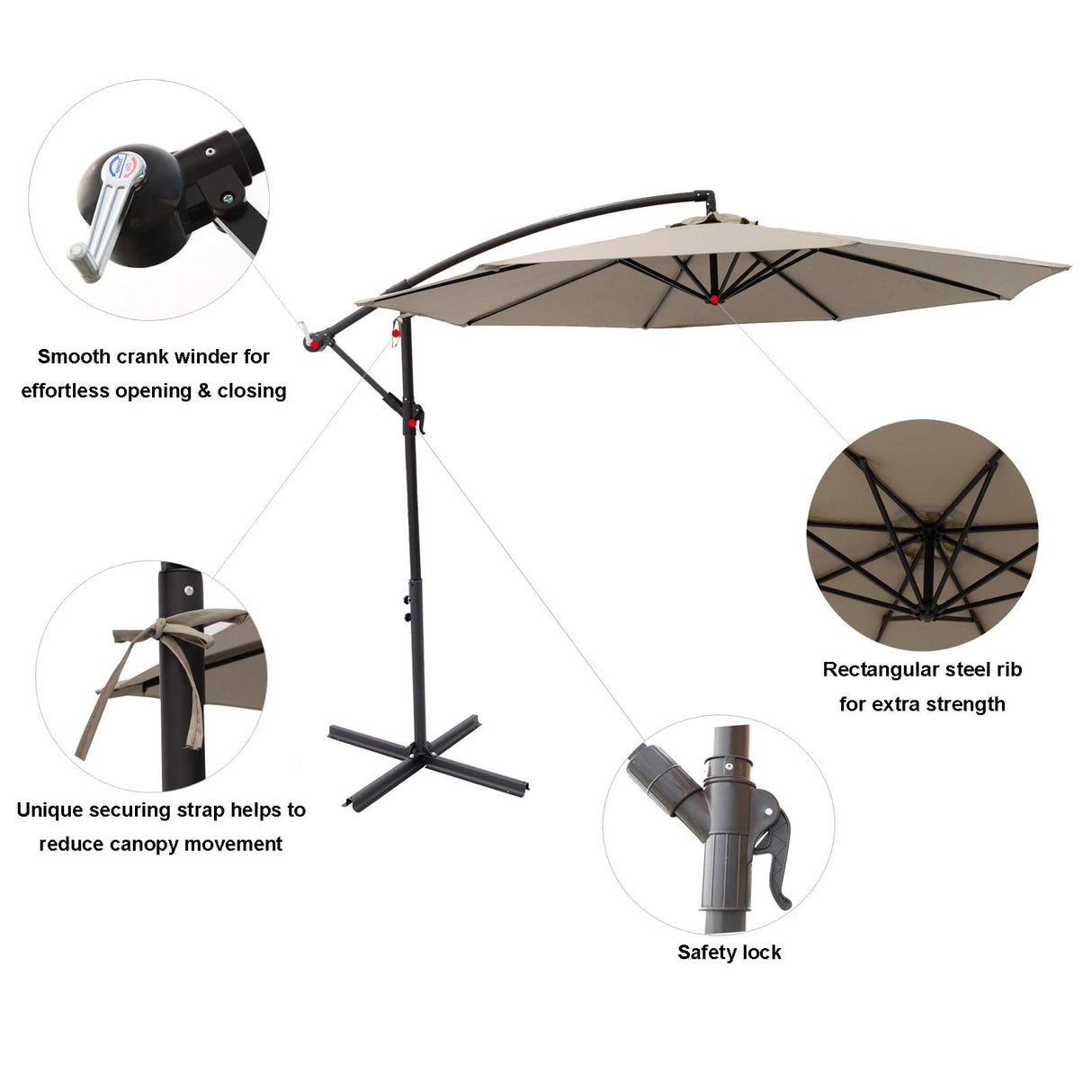 C-Hopetree 10 ft Offset Cantilever Outdoor Patio Umbrella with Cross Base Stand, Taupe