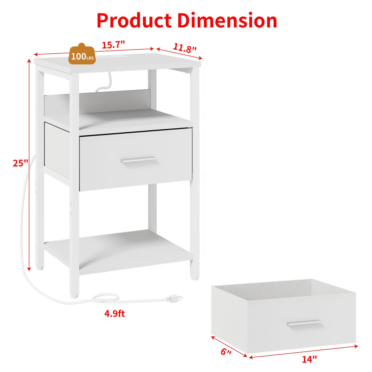 LDTTCUK Nightstand with Charging Station, Bedside Table with USB Ports and Outlets, End Table with Fabric Drawer, PU Finish and Storage Shelf, Night Stand for Bedroom, White