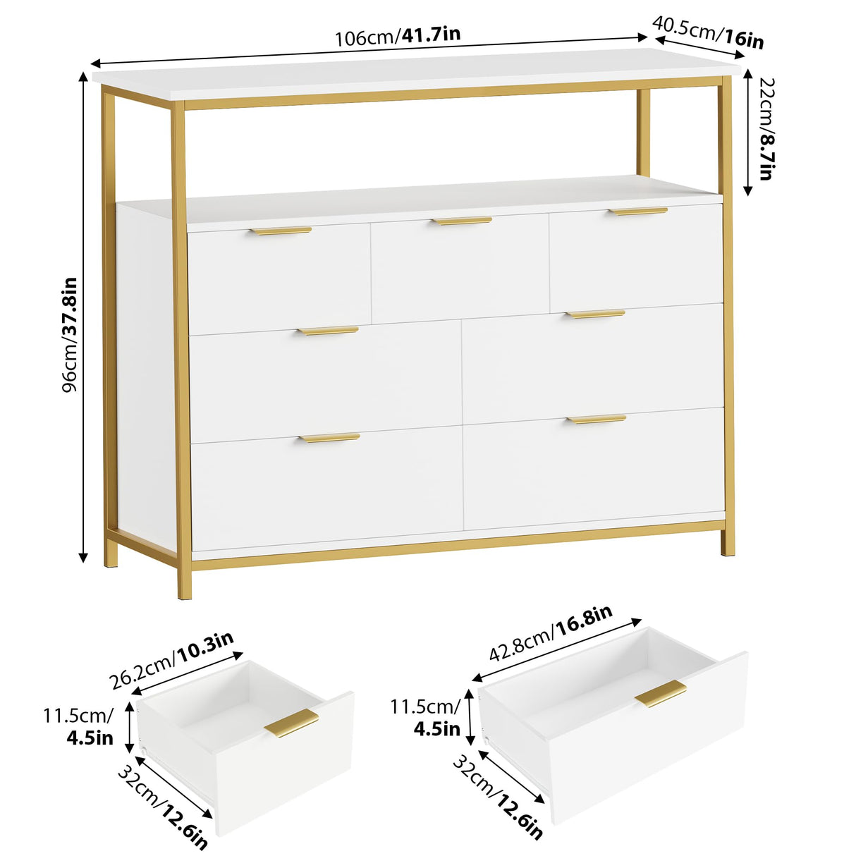 Modern 7 Drawer Dresser, White Dresser with Metal Handles, White and Gold Dresser