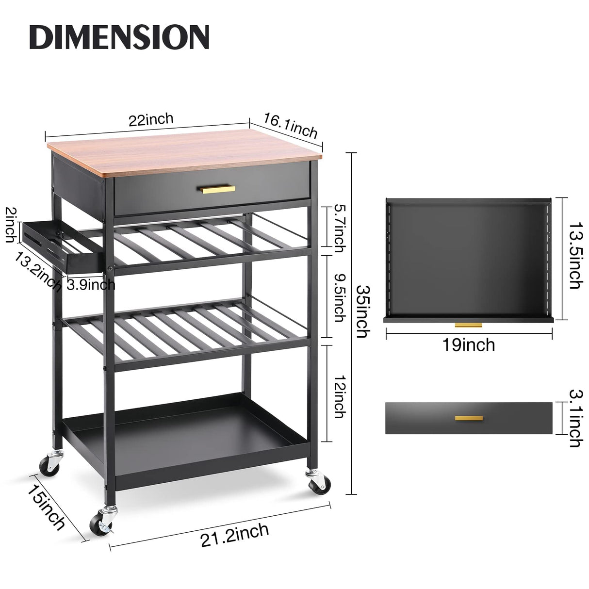 Kitchen Island Cart with Drawer, Rolling Kitchen Service Cart with Wooden Tabletop