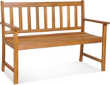 Outdoor Acacia Wood Bench, 2-Person Garden Bench with Backrest and Armrests
