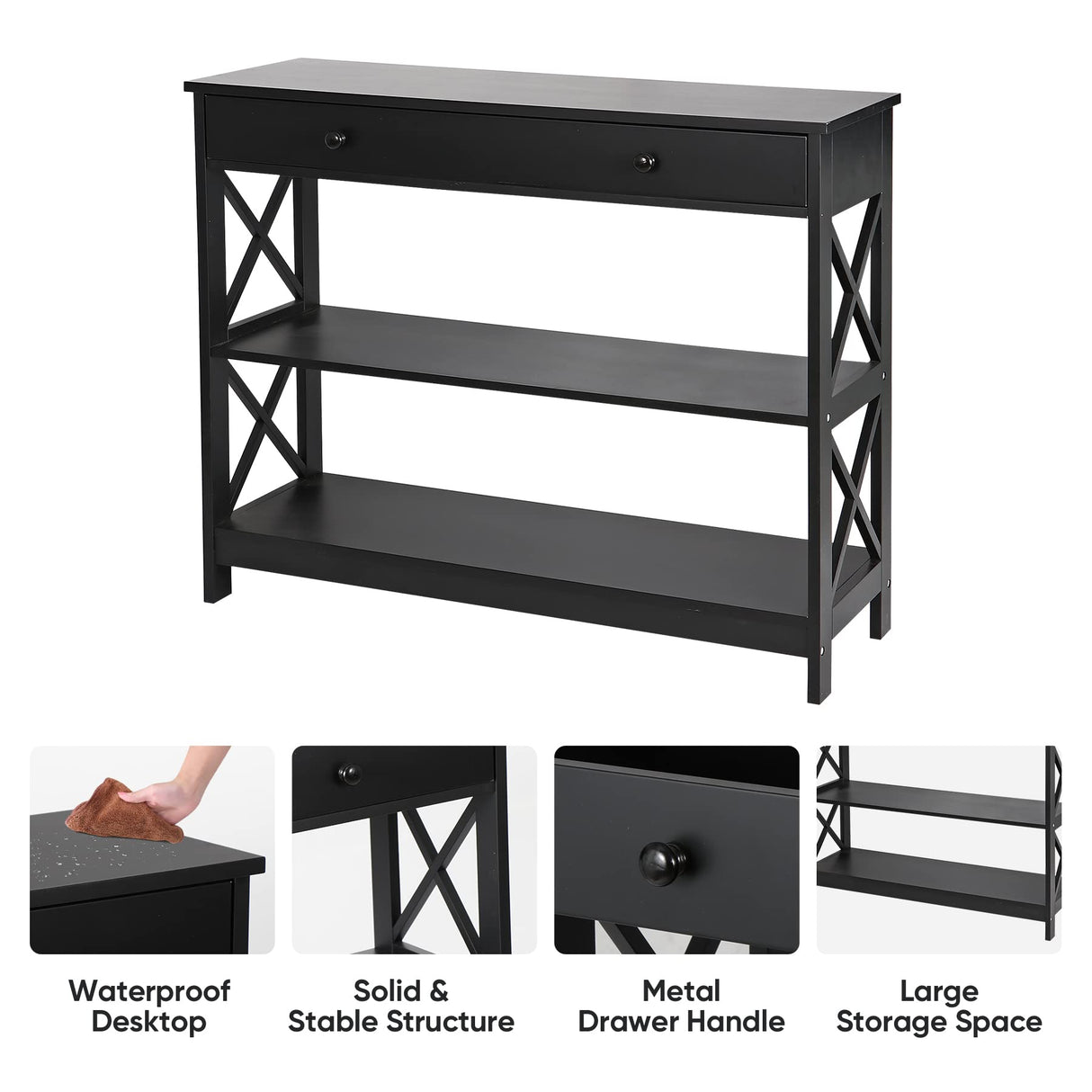 Wood Console Table 3 Tier Sofa Table with Drawer and Storage Shelves Narrow Entryway