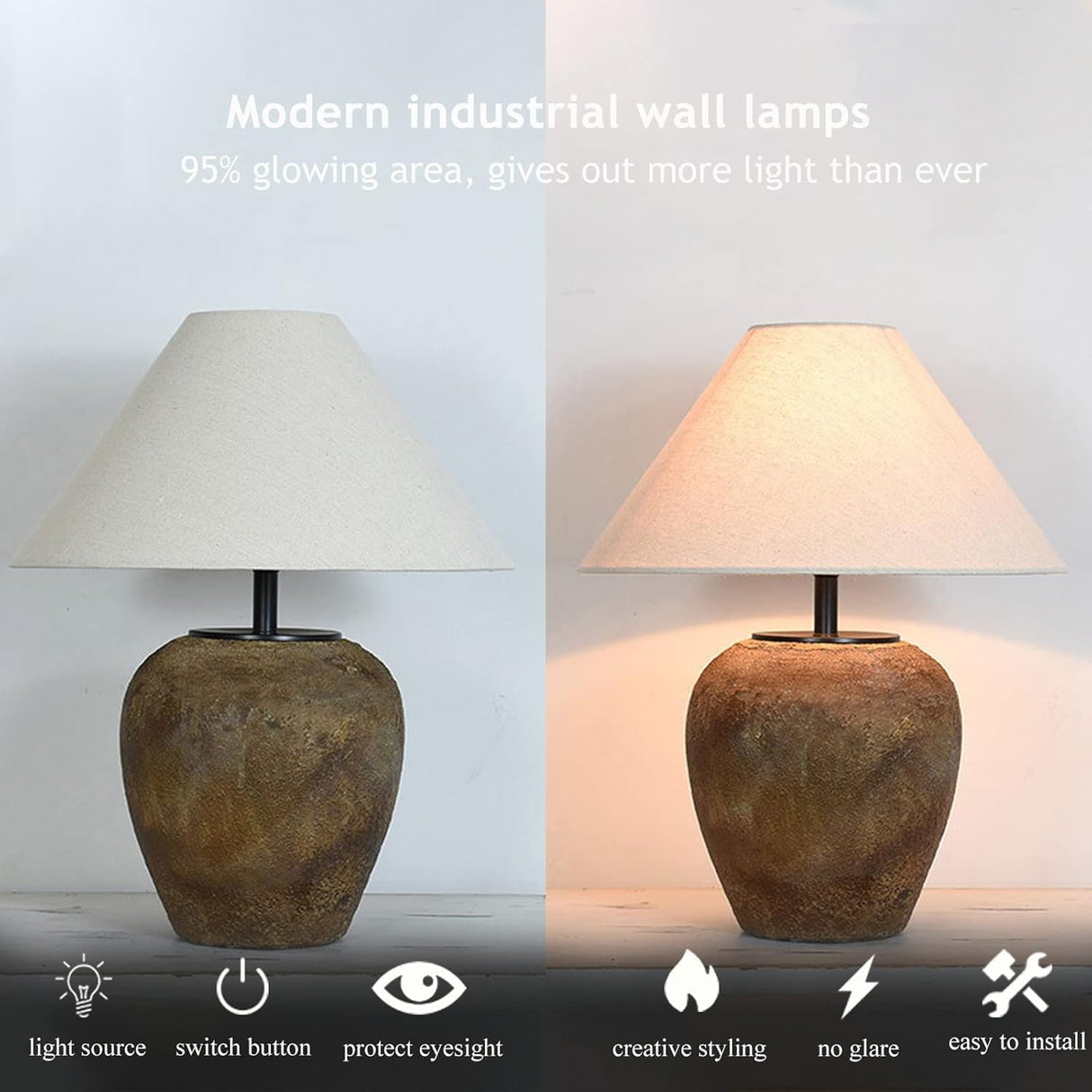 Rustic Farmhouse Clay Pot Table Lamps 19.6" Tall Ceramic Table Lamp, American Southwestern Textured Ceramic Lamp Body with White Textured Shade Bedside Table Lamp for Living Room Bedroom Office