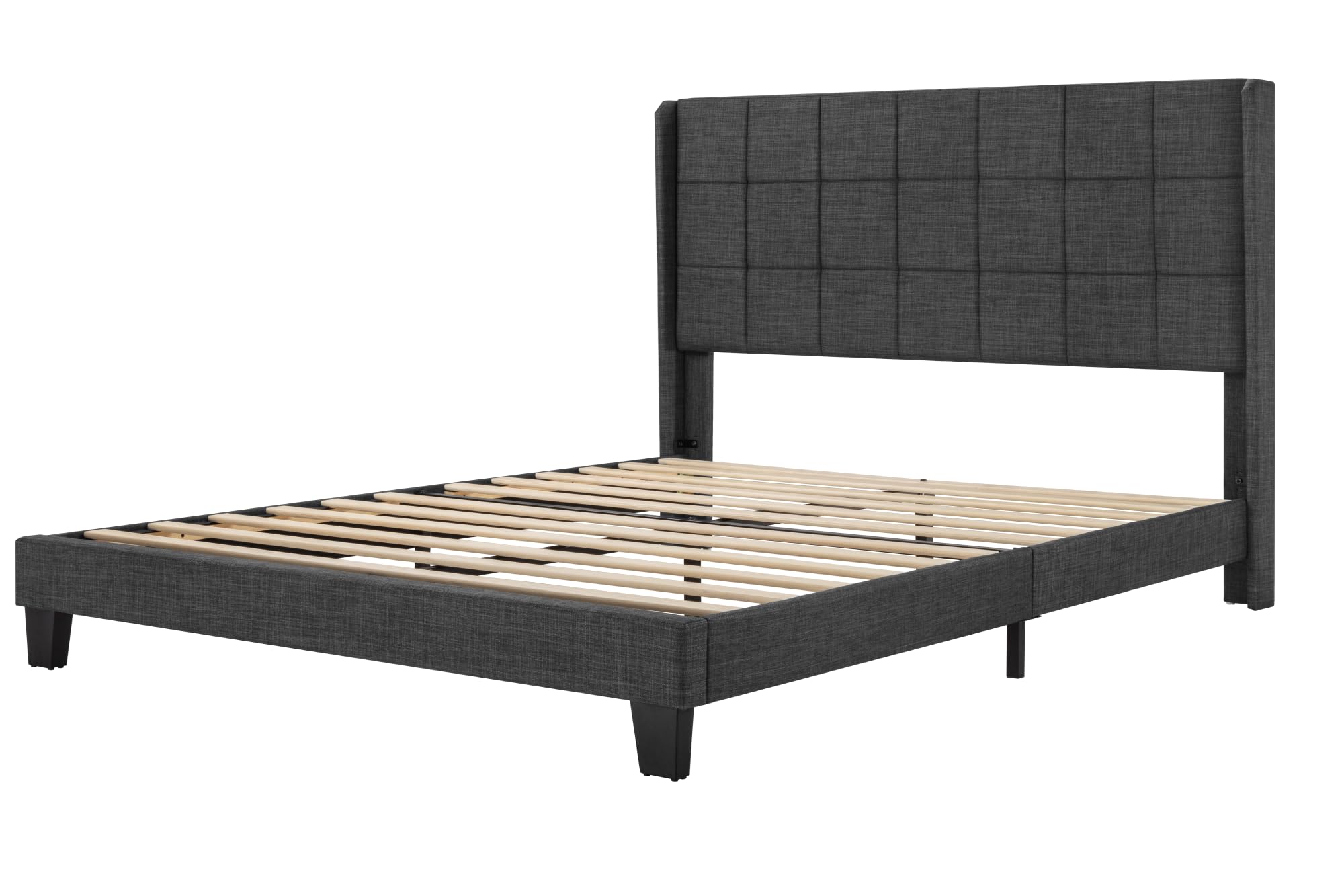 Queen Upholstered Bed Frame with Square Tufted Headboard and 5.5" Wingback