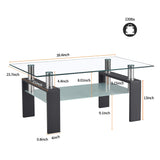 Glass Coffee Table, Rectangular Coffee Table with Metal Legs &Storage Shelf