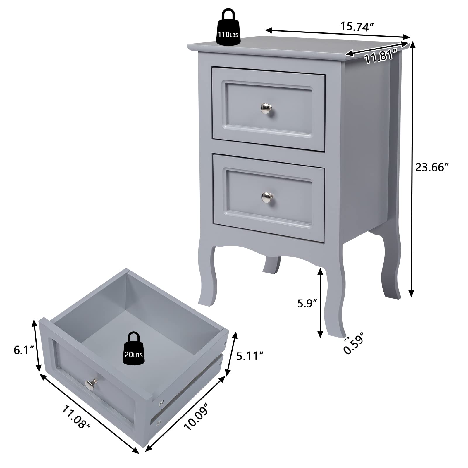 Grey Nightstand Set of 2 for Bedroom, Vintage Small Night Stand with Drawers