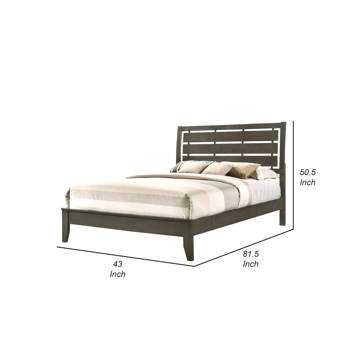 twin Size Bed, Horizontal Slatted Headboard, Low Platform, Gray Finish