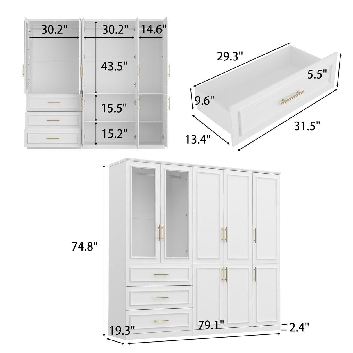 ECACAD White Extra Wide Wardrobe Armoire with 8 Doors, Drawers, Storage Shelves & Hanging Rods, Wooden Closet Storage Cabinet for Bedroom (79.1”W x 19.3”D x 74.8”H)