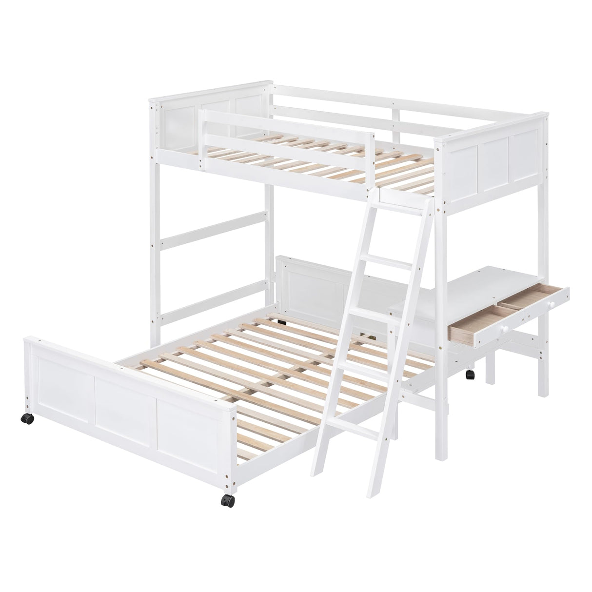 Twin Over Full Bunk Beds with Desk and Drawers, Wood Twin Size Loft Bed