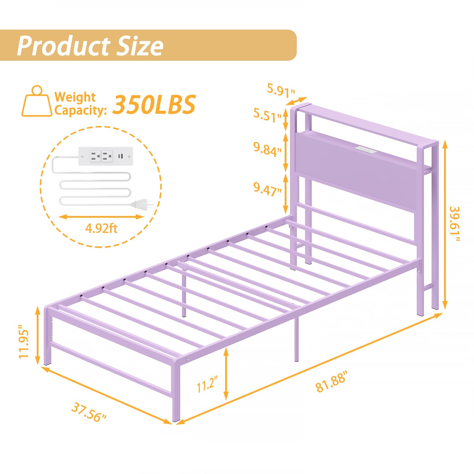 Twin Bed Frame with Charging Station & Storage Headboard - Purple