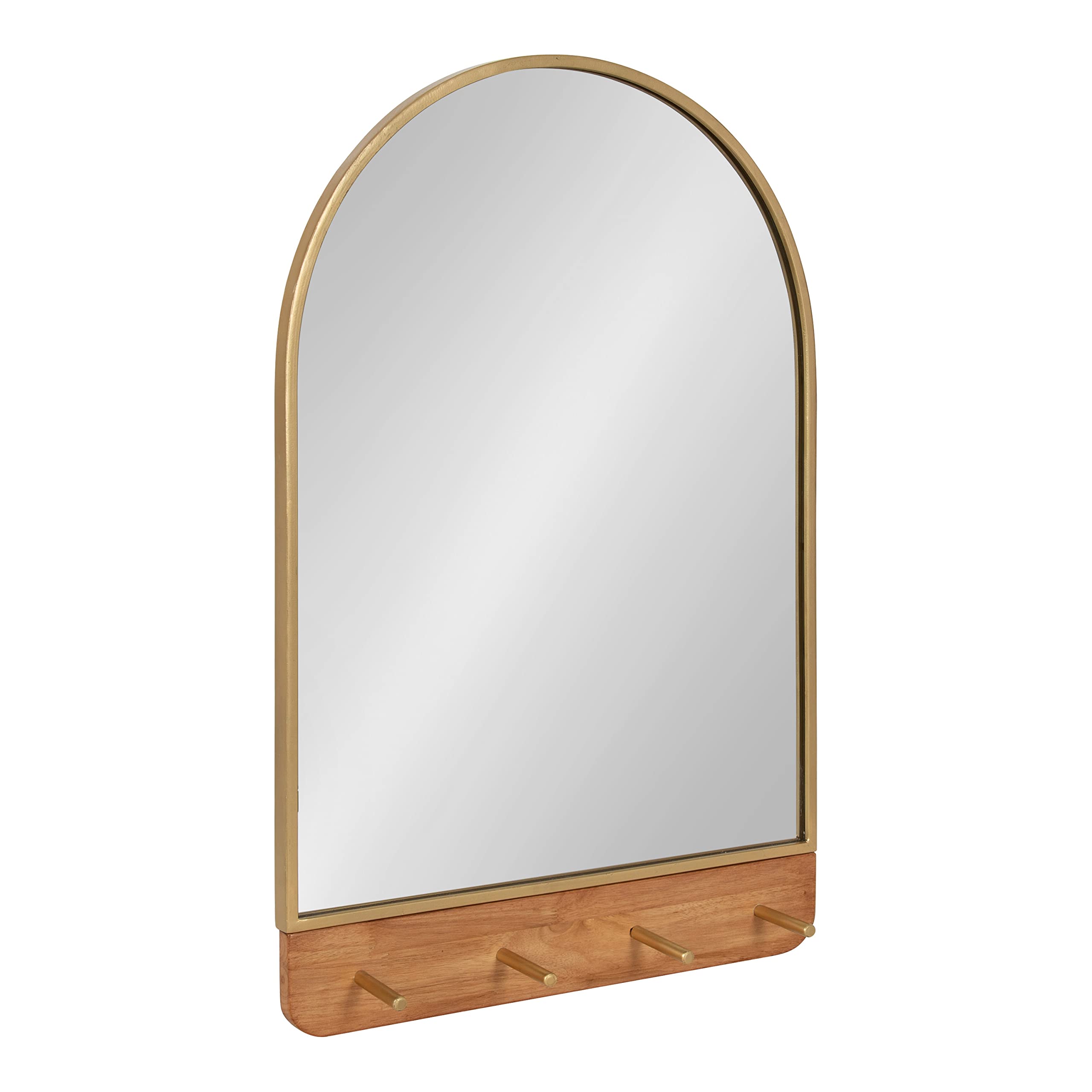 Schuyler Arched Wall Mirror with Hooks, 20 x 31, Gold and Natural Wood