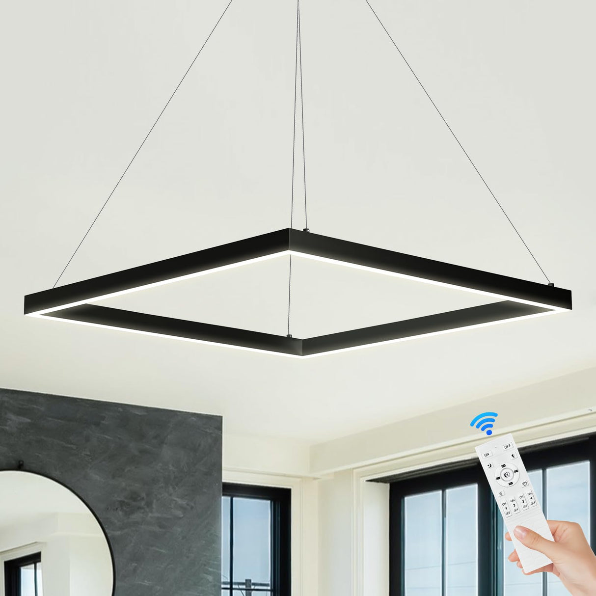 Modern LED Pendant Light, Black LED Chandelier 24’’ Rectangle Chandelier for Dining Room Dimmable Modern