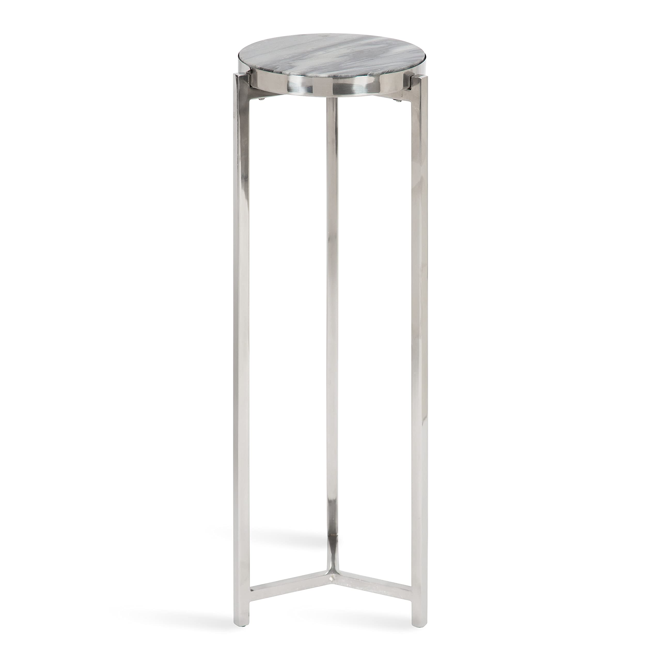 Aguilar Modern Drink Table, 9 x 9 x 23, Gray and Silver, Genuine Marble Accent Table