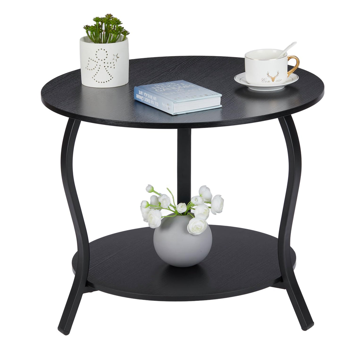 Small Round Coffee Table with Open Storage,23" 2-Tier Coffee Side Tables