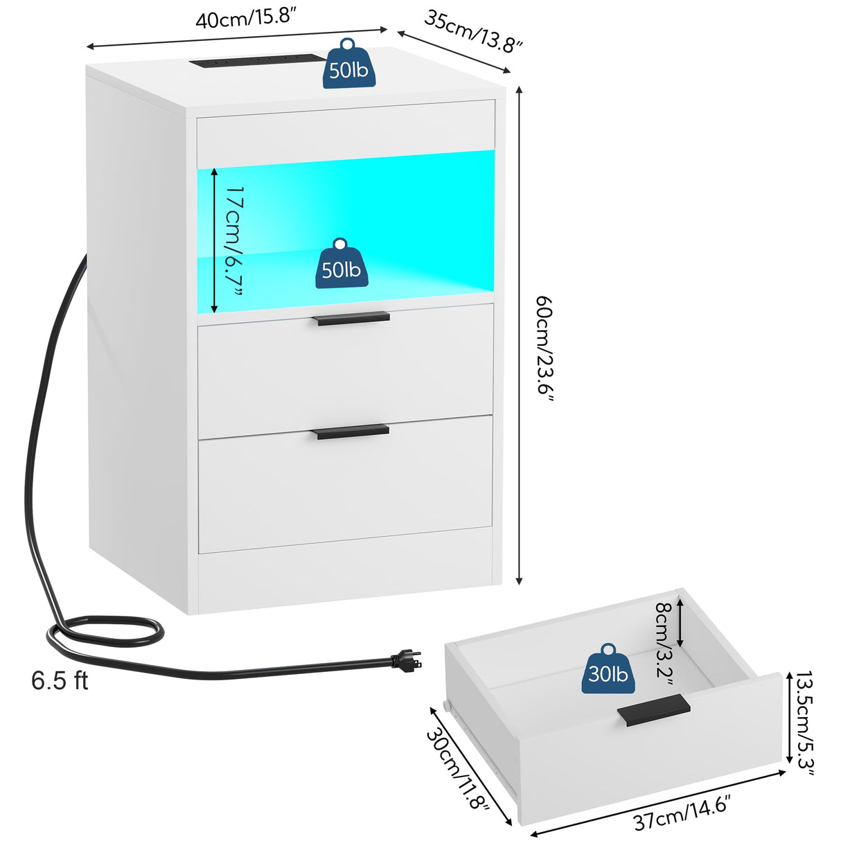 Night Stand, Bedside Table, LED Nightstand with Charging Station, Modern Night Stand