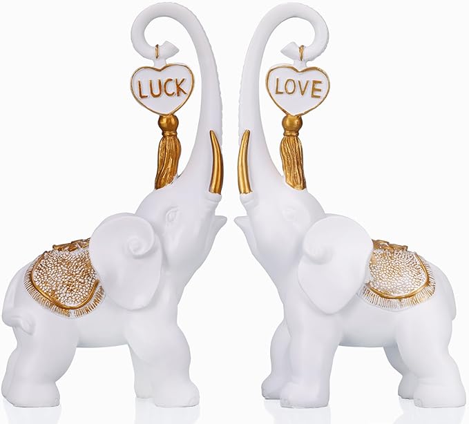 Gold Elephant Statue 2 Piece Set, Love Elephant Sculpture, Gold Figurine Home Decor