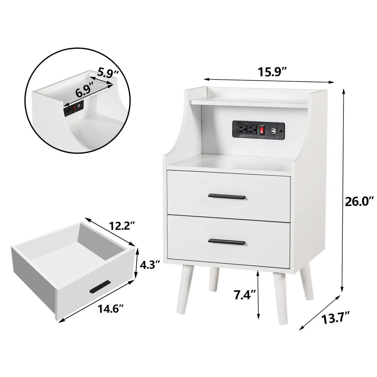 White NightStand with Charging Station, Nightstand with 2 Drawers and Open