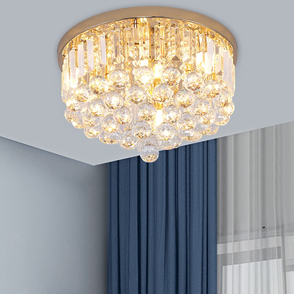 Mini Crystal Chandelier Ceiling Light,Flush Mount Modern Round K9 Crystal Raindrop