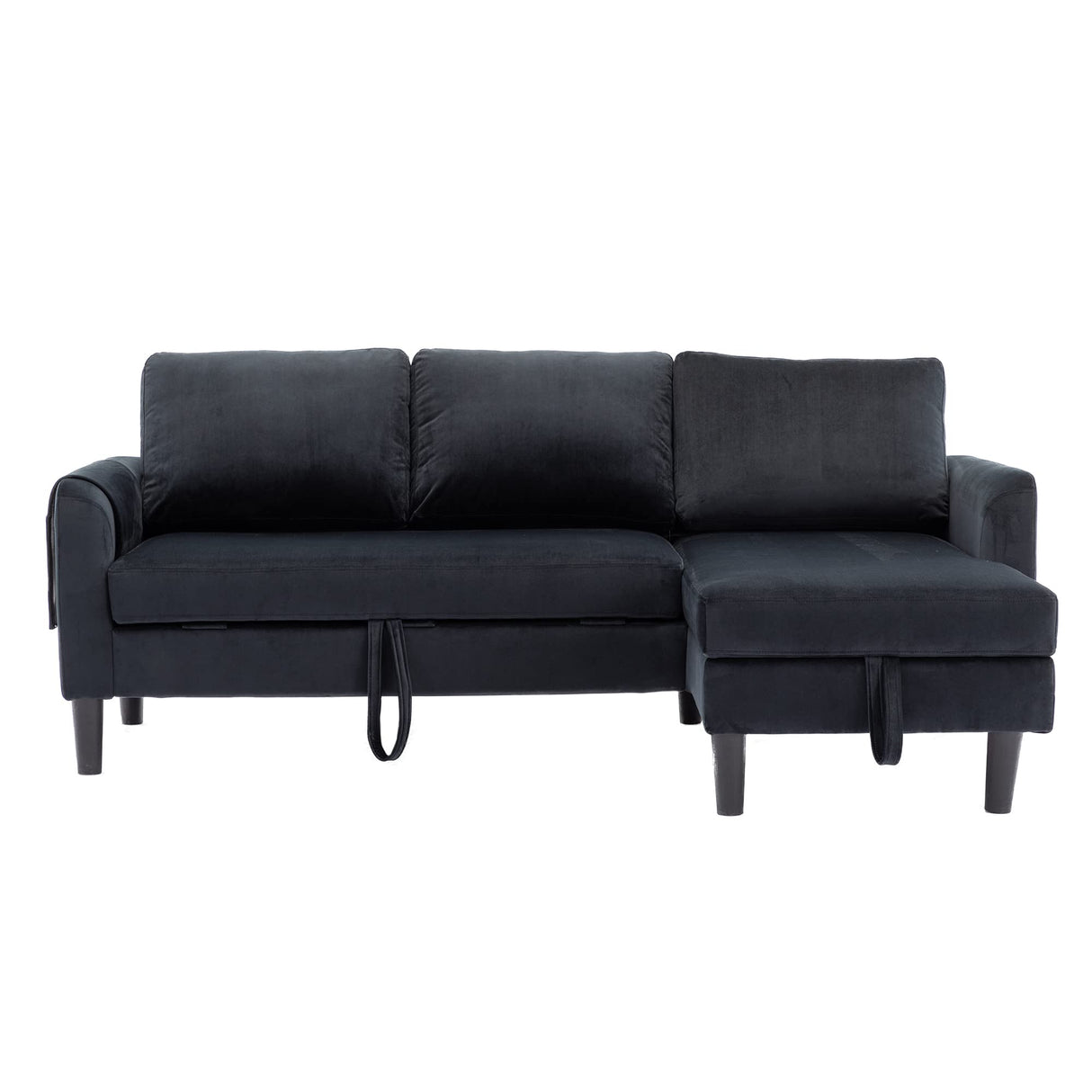 Modern L-Shaped Sofa Bed with Chaise Longue, Black 3-Seat Couch with Pull-Out Bed and Storage