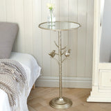 Gold Pedestal Drink Table Glass Top and Birds in Branch, Accent Round End Side Table