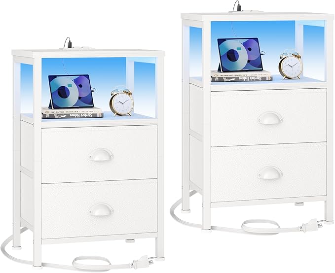 Nightstands Set of 2, End Tables Set of 2 with Charging Station and LED Lights, White