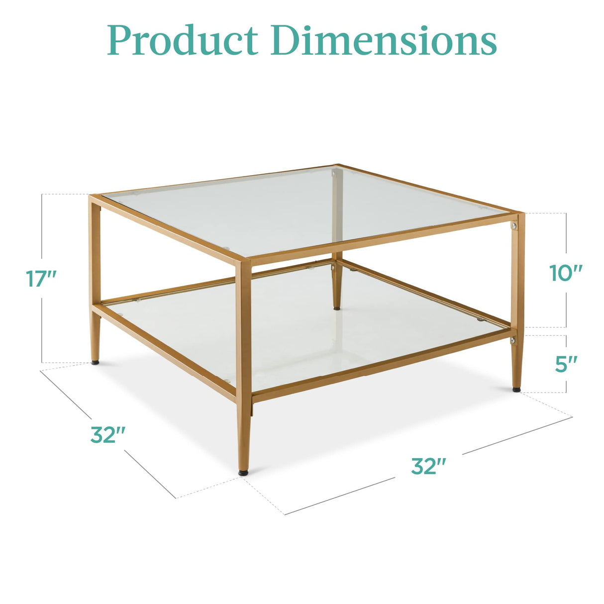 32” Square Glass Coffee Table, Large 2-Tier Accent Furniture for Living Room