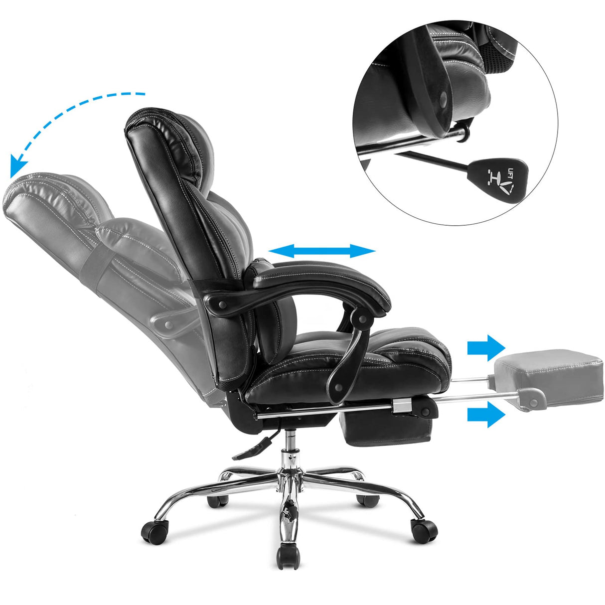 Office Chair PU Leather/Double Padded/Support Cushion and Footrest