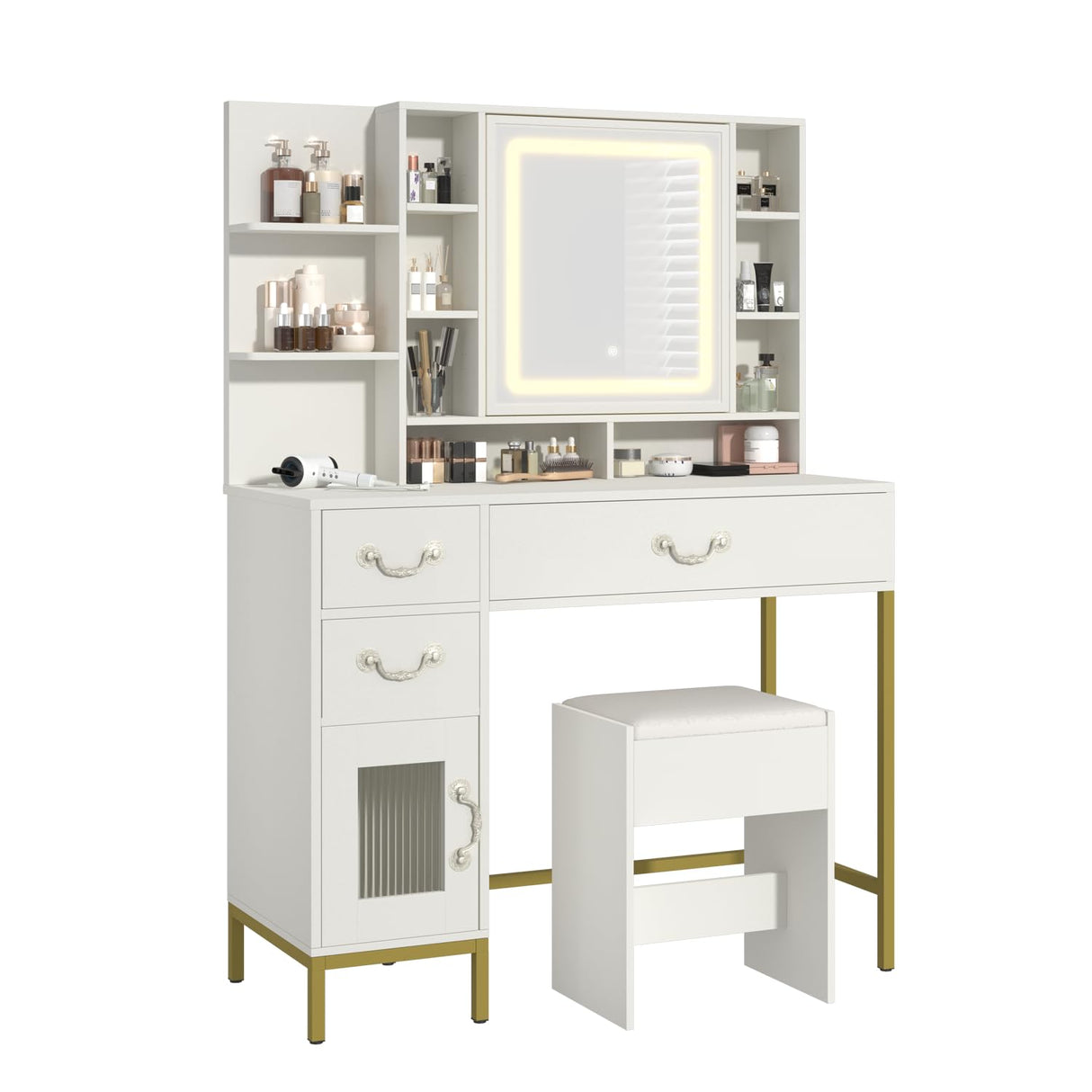 Makeup Vanity with Mirror and Lights, Vanity Desk with Charging Station & Upholstered