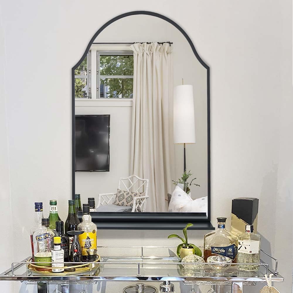 30x20 Black Arch Mirror with Shelf - Matte Metal Frame Wall Mirror