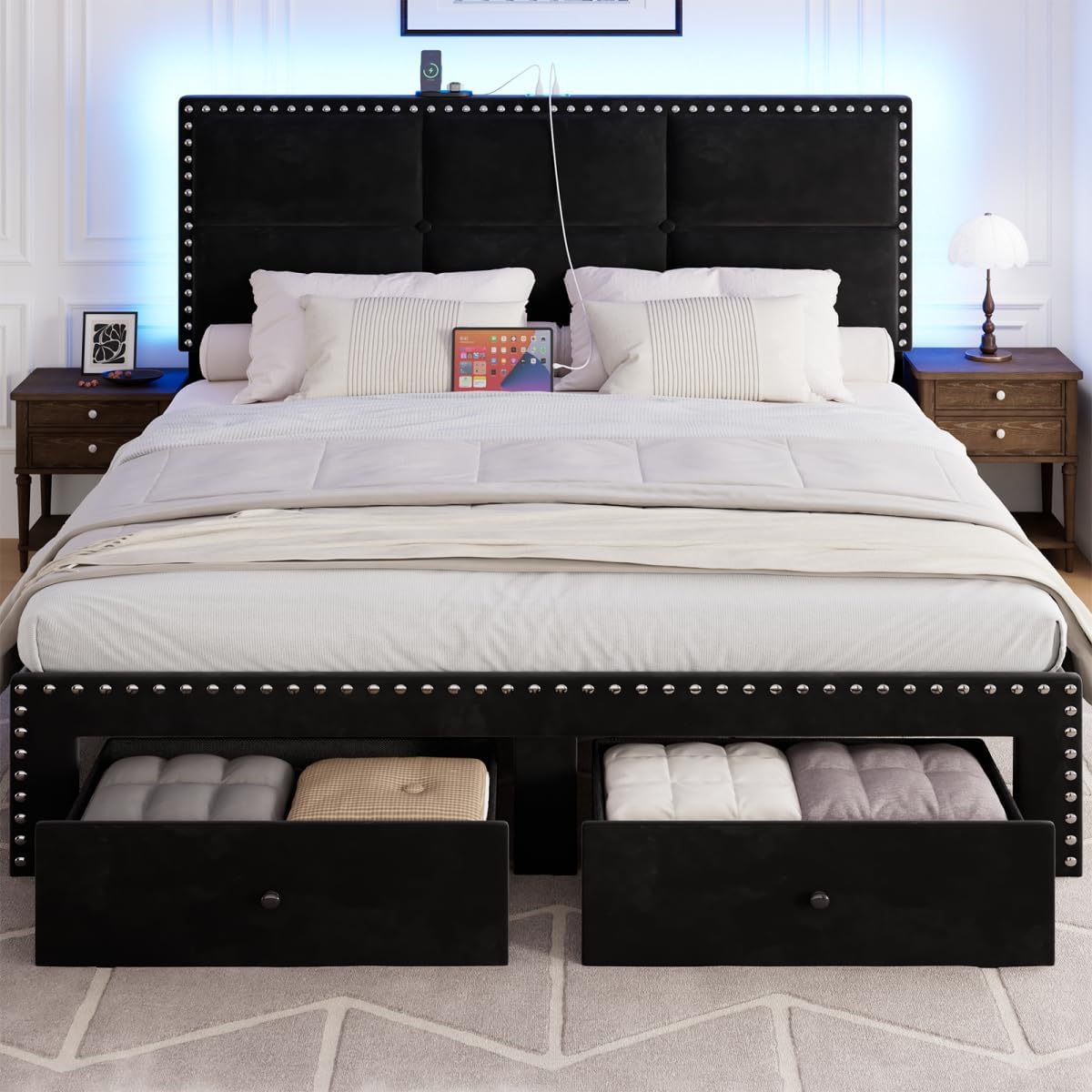 Queen Bed Frame with Storage Drawers and Charging Station