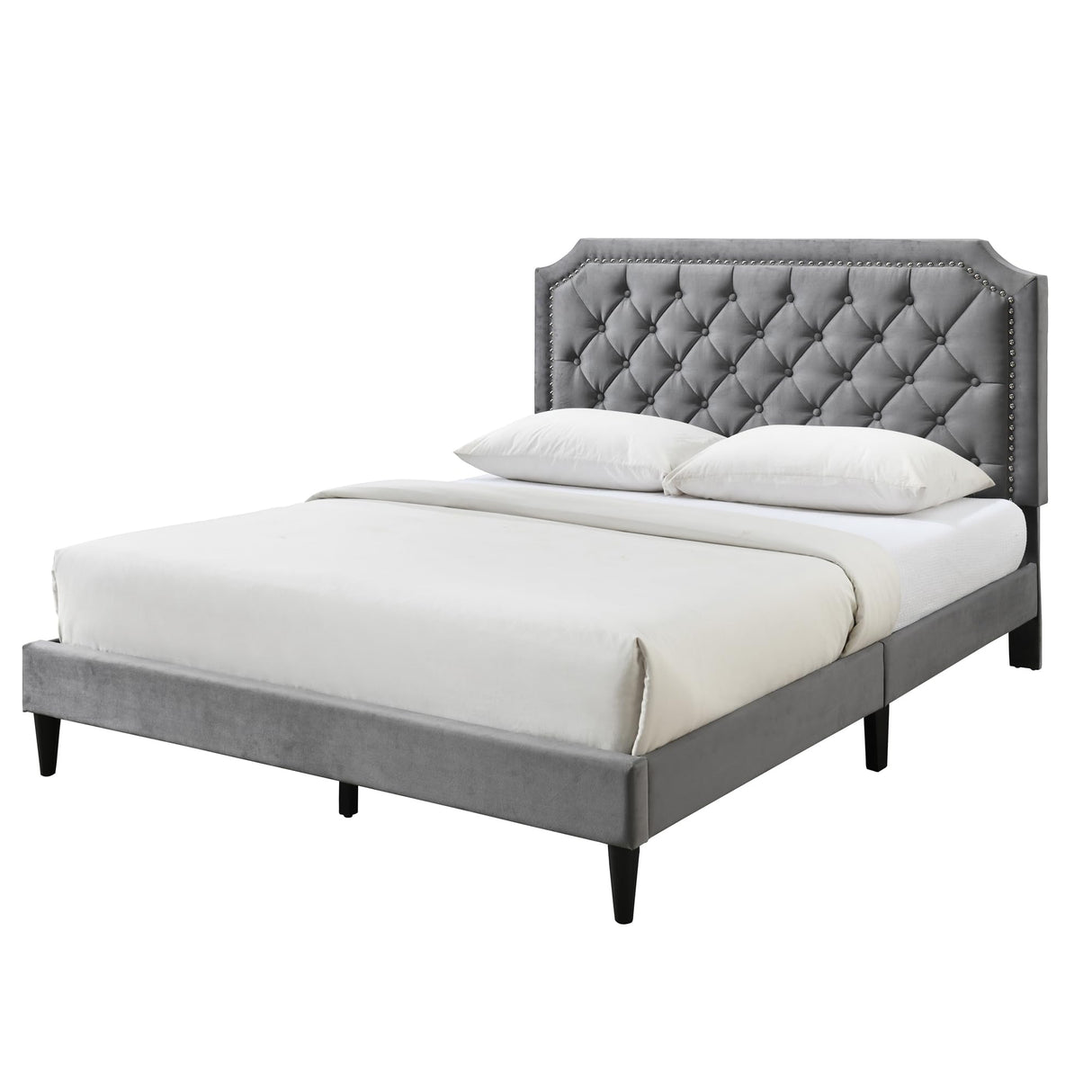 Queen Size Bed Frame, Velvet Upholstered Platform Bed, Modern Tufted Buttoned Design