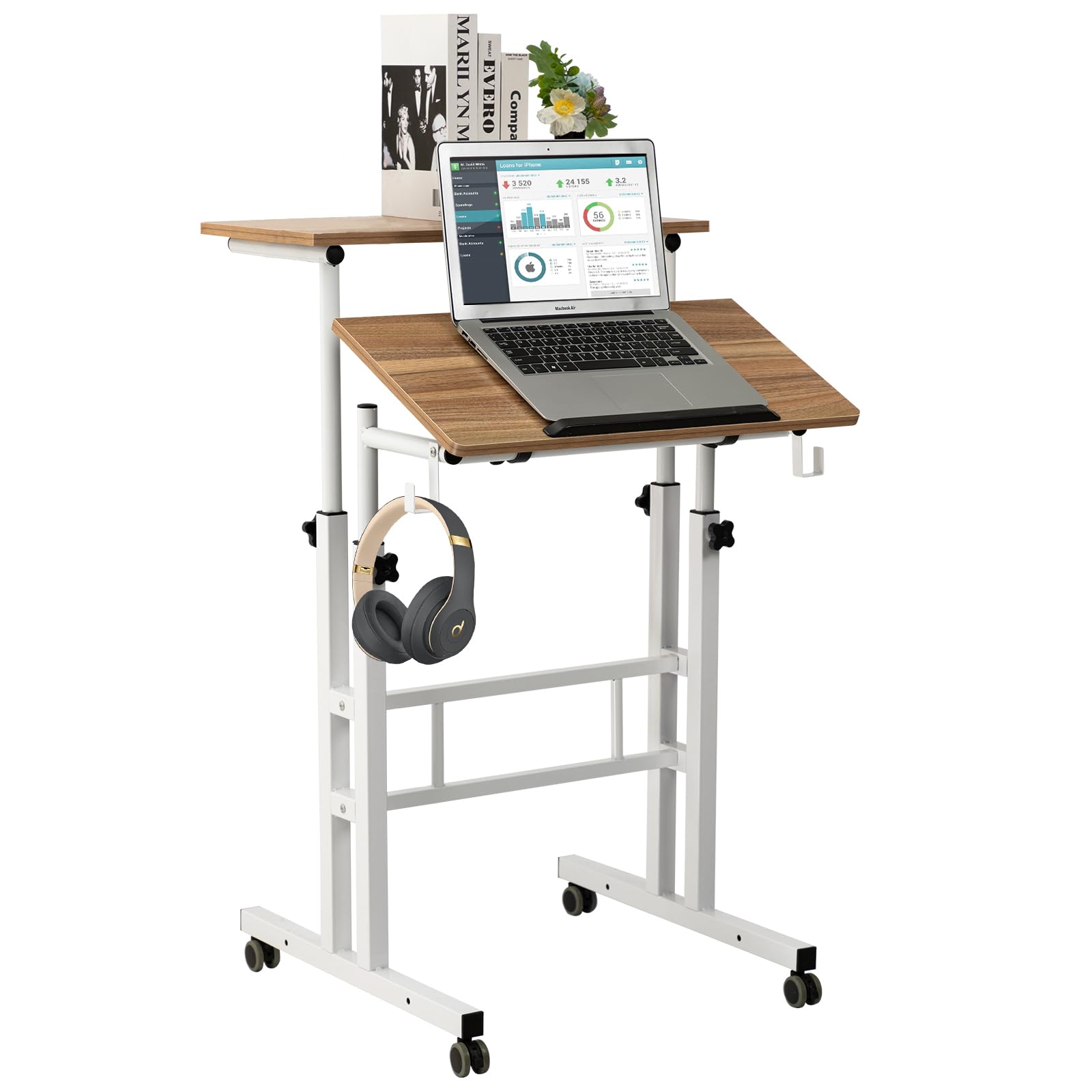 SIDUCAL Small Standing Desk, Portable Stand Up Desk, Height Adjustable Mobile Standing Desk Converter with Wheels Computer Workstations, Rolling Desk Laptop Cart for Standing or Sitting, Vintage Oak