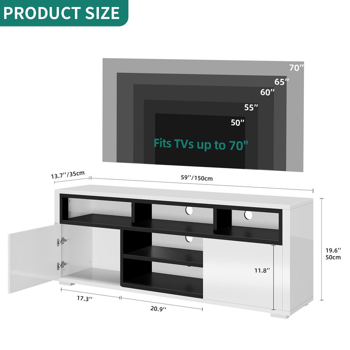 LED TV Stand for 65 inch TV, Modern Entertainment Center with 2 Storage Cabinet,