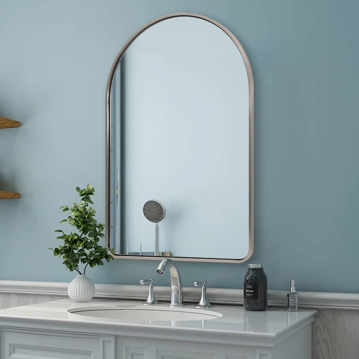 ANDY STAR Brushed Nickel Arched Mirror, 24x36’’ Arched Bathroom Mirror, Arch Wall Mirror, Arched Vanity Mirrors Metal Framed, SUS304-Anti-Rust, Tube Frame, 1’’ Deep Set Wall Mounted Vertical