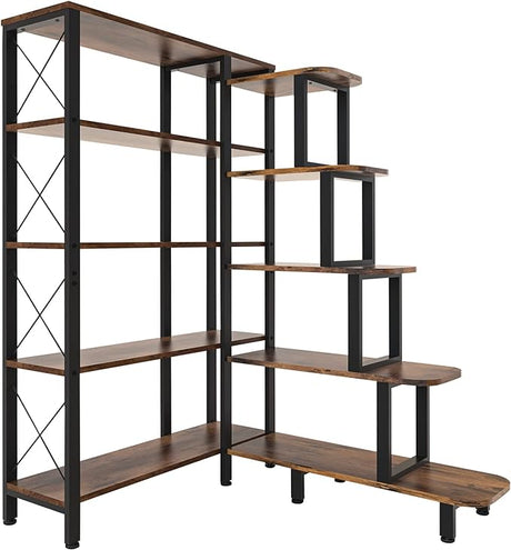 Large Corner Bookshelf Bookcase, Industrial Reversible 5 Tier Ladder Shelves Storage Display Rack with Metal Frame,