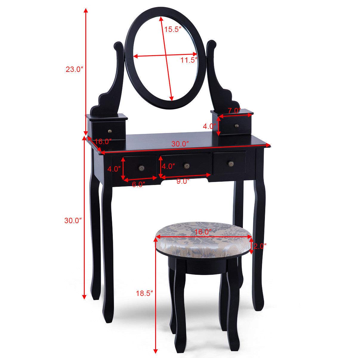 Makeup Table Set Bedroom Furniture with Cushioned Padded Stool & 5 Drawer Round 360 Degree Rotation Swivel Mirror Dressing Table Stool Wooden Vanity Set (Black with 5 Drawer)