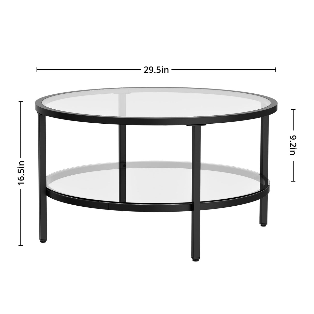 Black Glass Coffee Table, 29.5 Inch Round Modern coffee table, 2-Tier Round Glass Coffee Table for Living Room, 29.5" D x 16.5" H