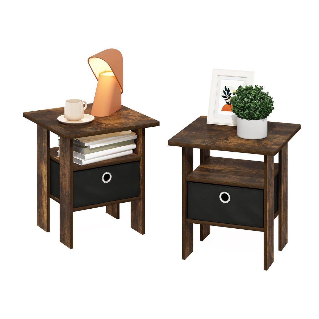 Andrey End Table Nightstand with Bin Drawer, Amber Pine/Black, Set of 2