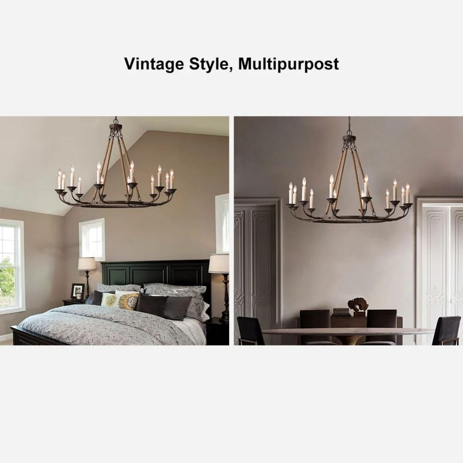 LOVEDIMA Vintage Chandeliers for Dining Room 12-Light Ceiling Light Fixture Flaxen Hemp Rope and Metal Rustic Round Candelabra Chandelier in Rust