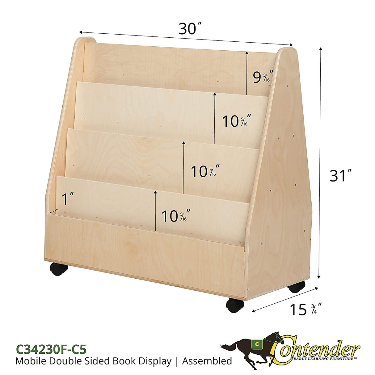 Fully Assembled Double-Sided Book Cart On Wheels, Fully Assembled Baltic Birch Book Display Stand