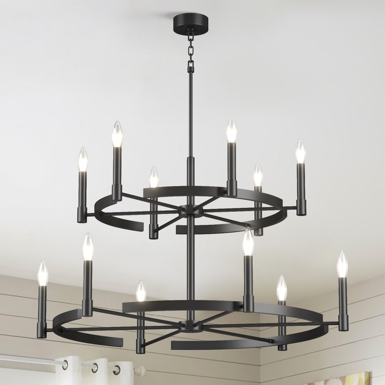 40 Inch Wagon Wheel Chandelier 12 Light, 2 Tier Large Chandeliers
