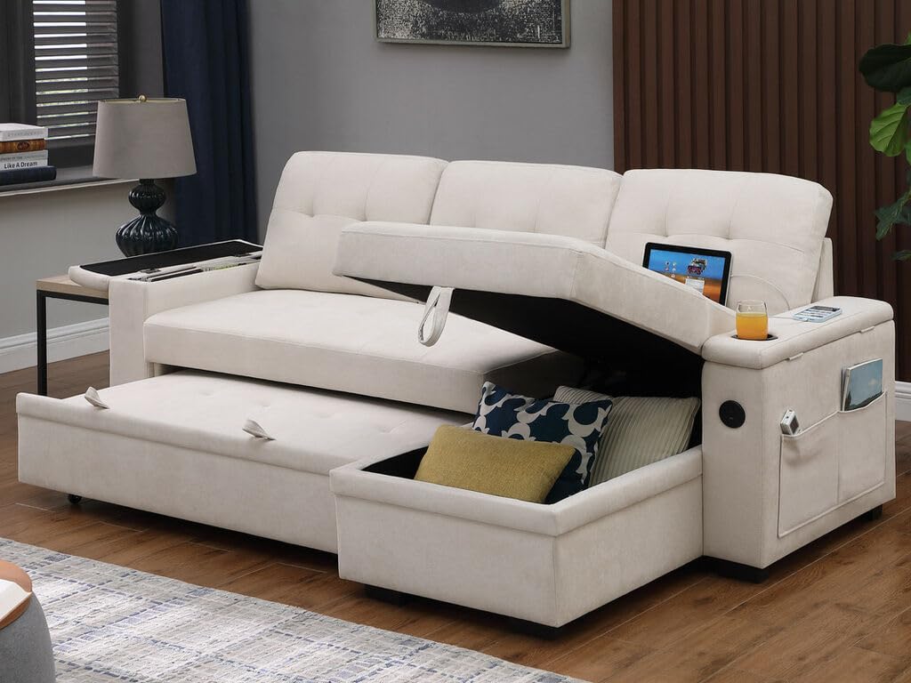 Modern Reversible Sleeper Sectional Sofa L-Shaped Pull Out Sleep Sofabed