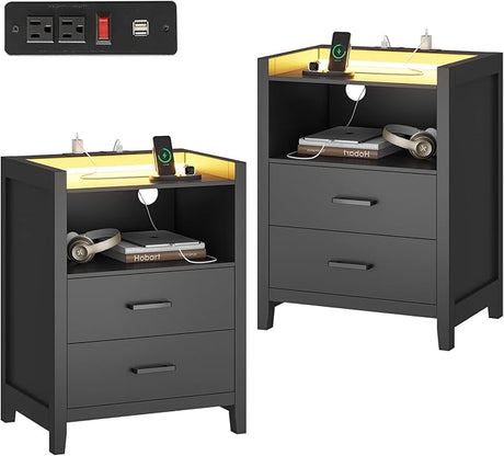 LED Nightstands Set of 2, Black Night Stand with Charging Station and 2 Drawers