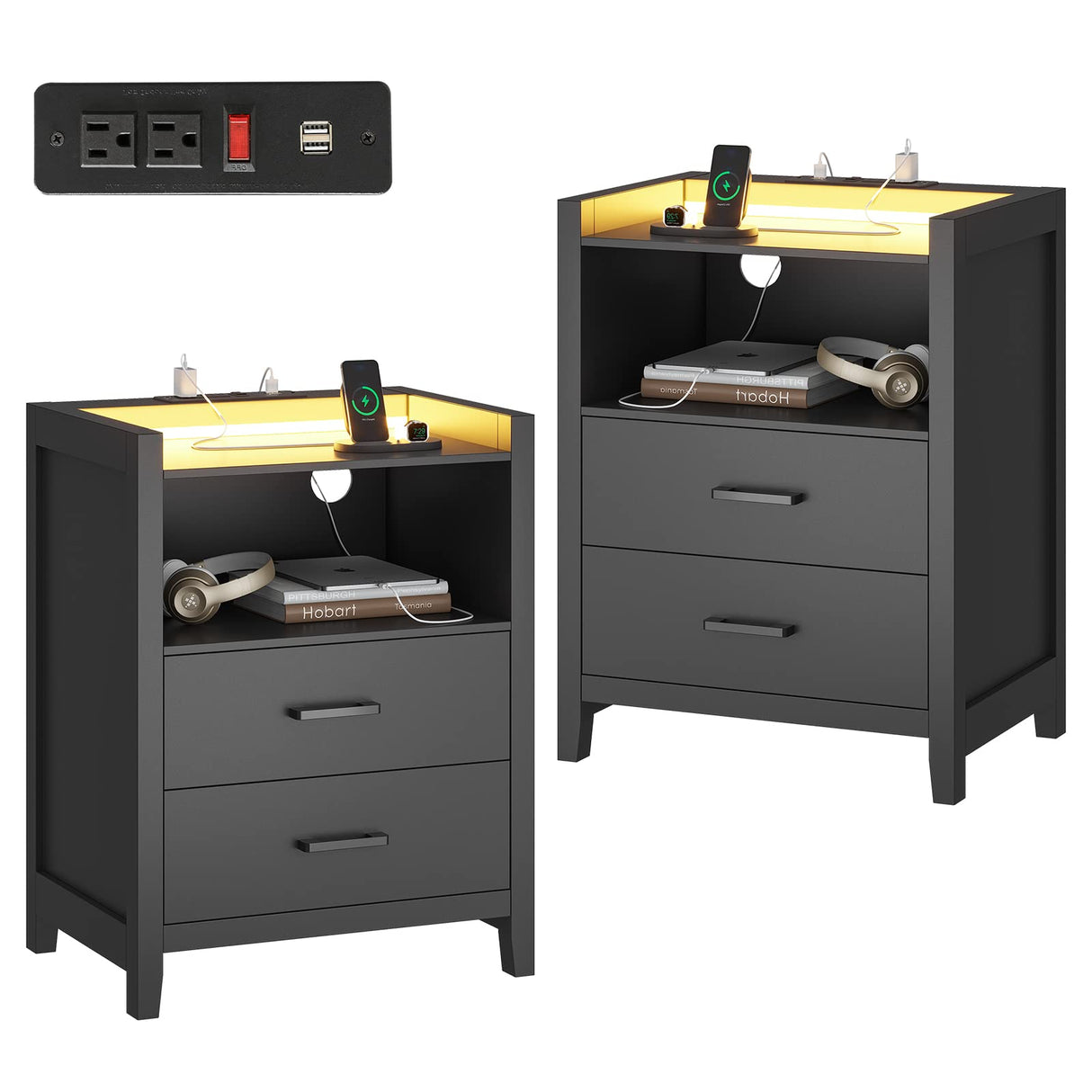 LED Nightstands Set of 2, Black Night Stand with Charging Station and 2 Drawers