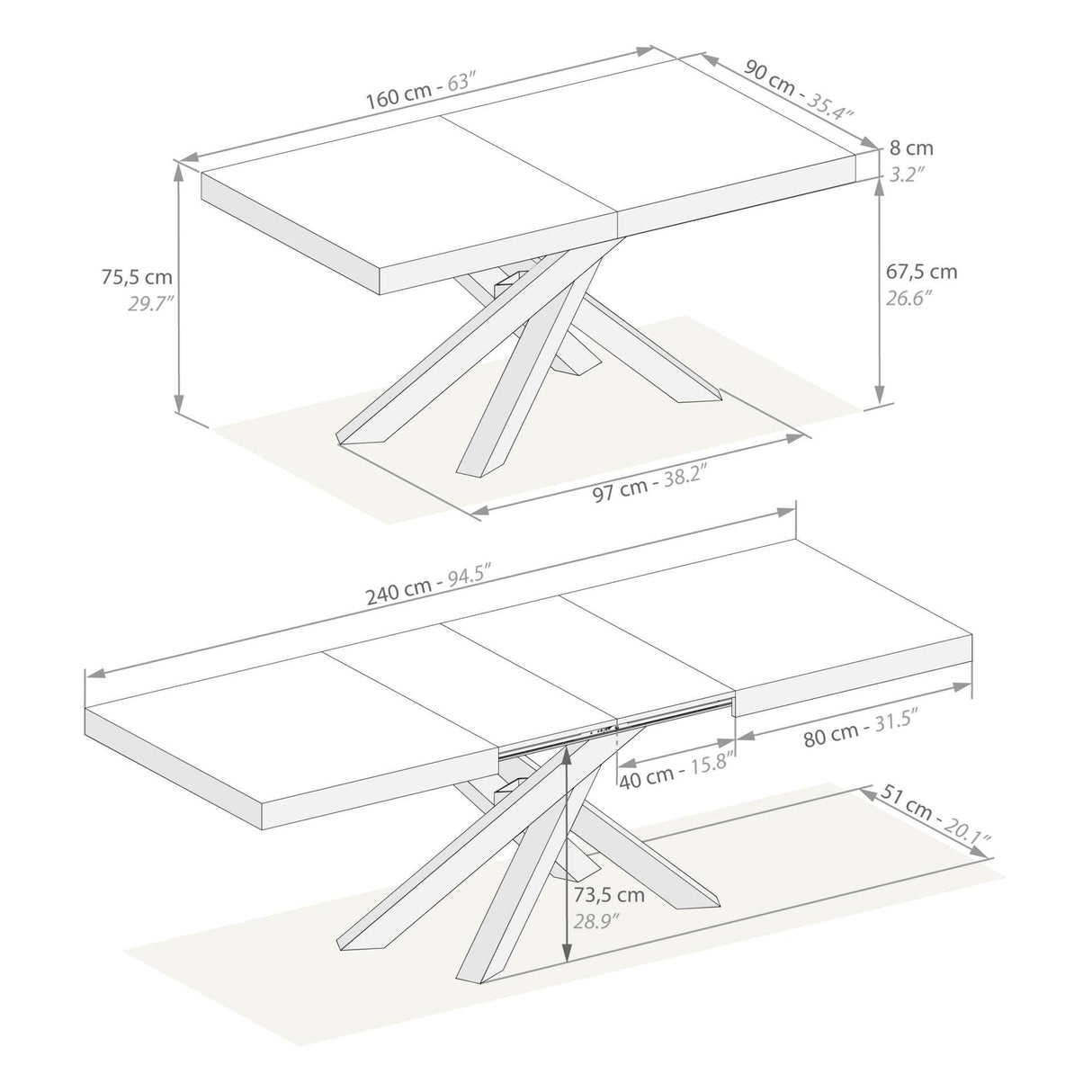 Emma 63(94,5) x35,4 in Extendable Dining Table, Concrete Effect, Grey