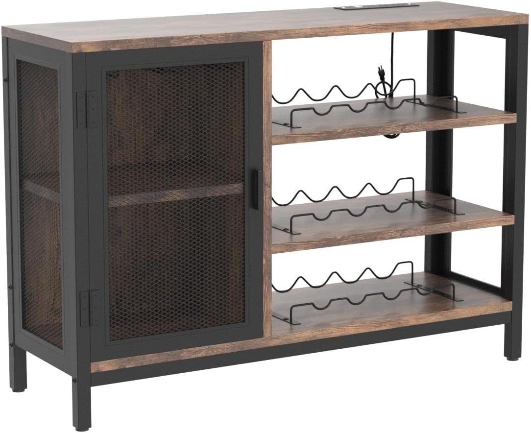 Wine Bar Cabinet with Power Outlets, Industrial Coffee Bar Cabinet for Liquor