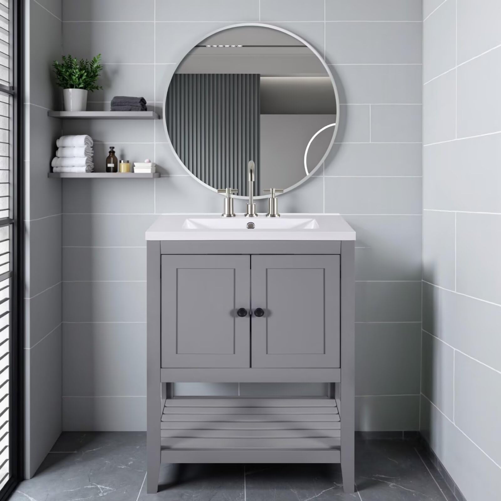 24" Bathroom Vanity with Integrated Ceramic Sink, Floor Standing Single Basin Vanity