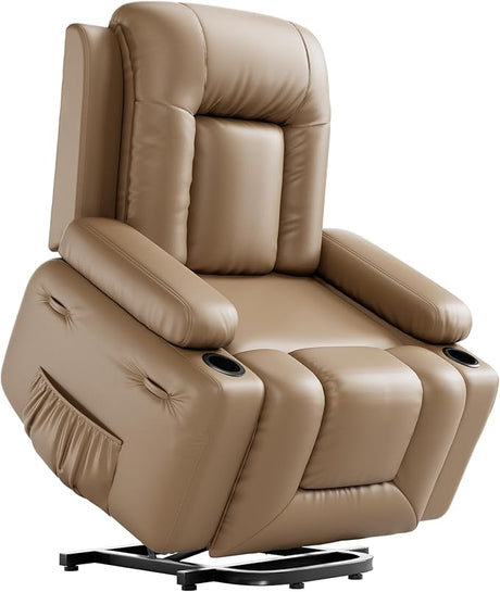 Lift Recliner Chair PU Leather with Massage for Elderly Ergonomic Lounge Chair Classic Single Sofa with 2 Cup Holders Side Pocket (Beige, 22" Seat Width + Cup Holder)