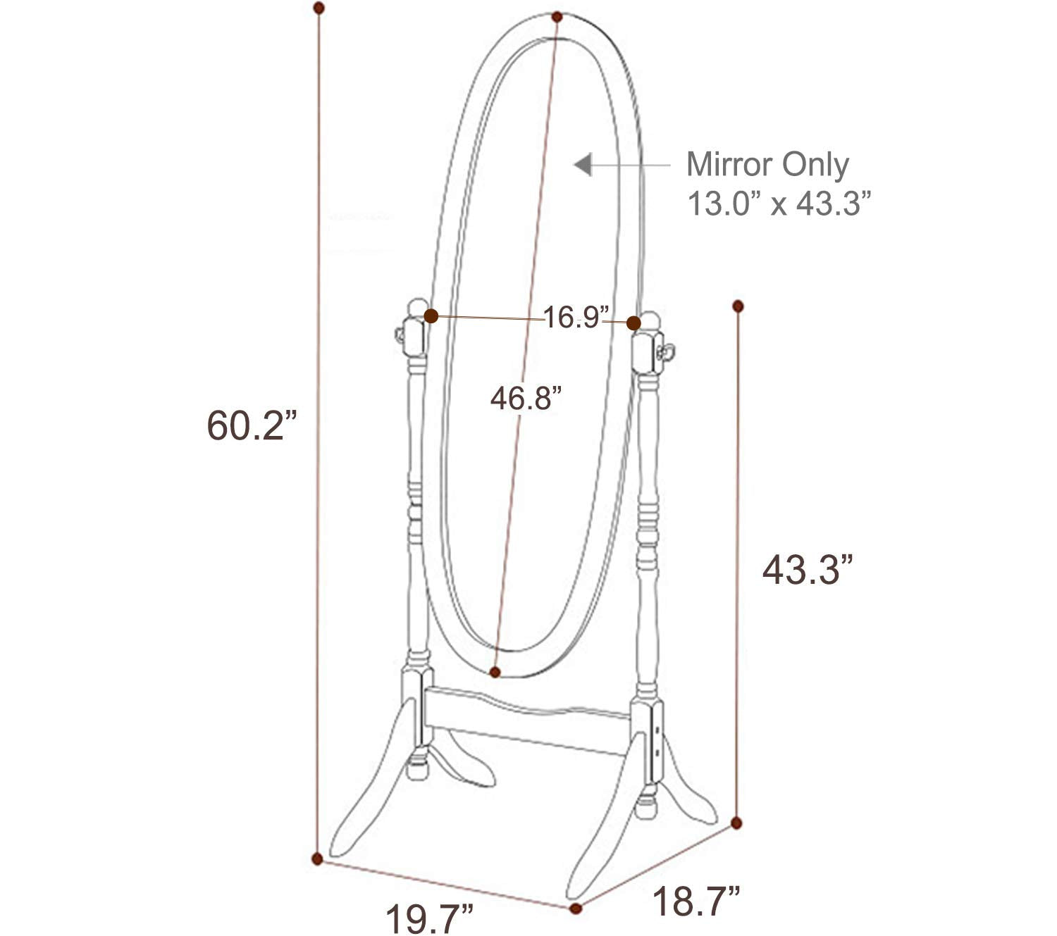 60" Oval Floor Standing Mirror - Antique Wooden Cheval Dressing Mirror