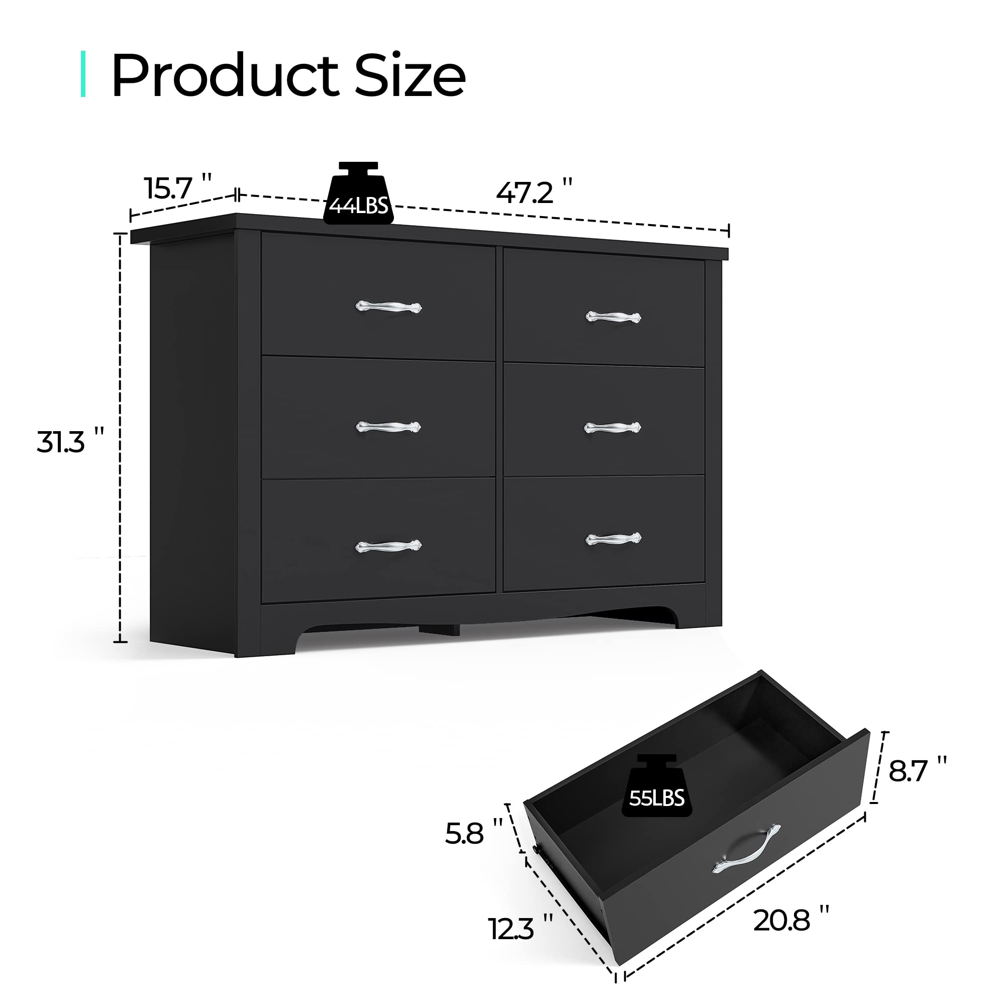 6 Drawers Dresser for Bedroom, Modern Wood Dresser Organizer